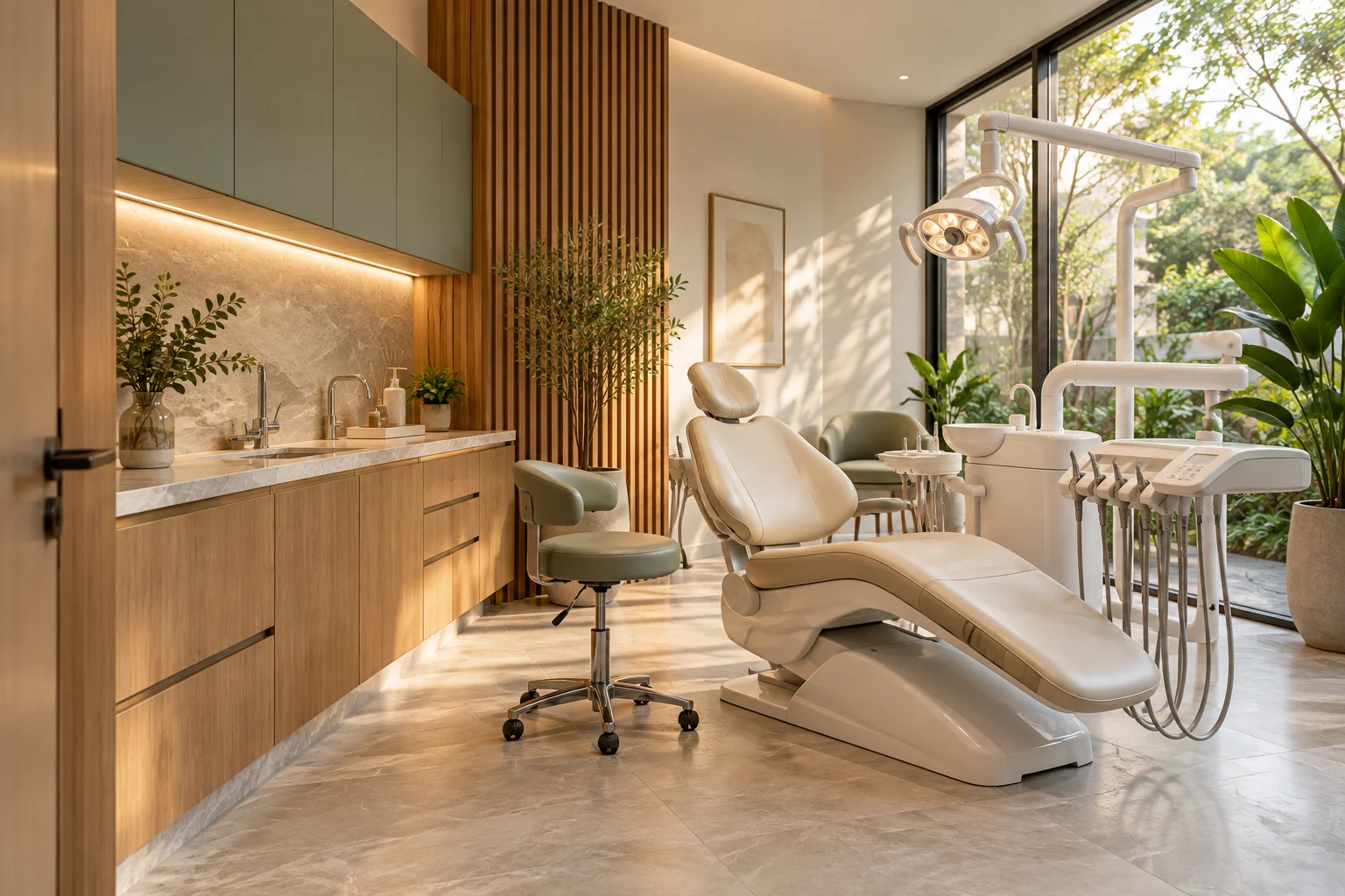 Ambiente ilustrativo de consultório odontológico com luz natural e cadeira de atendimento